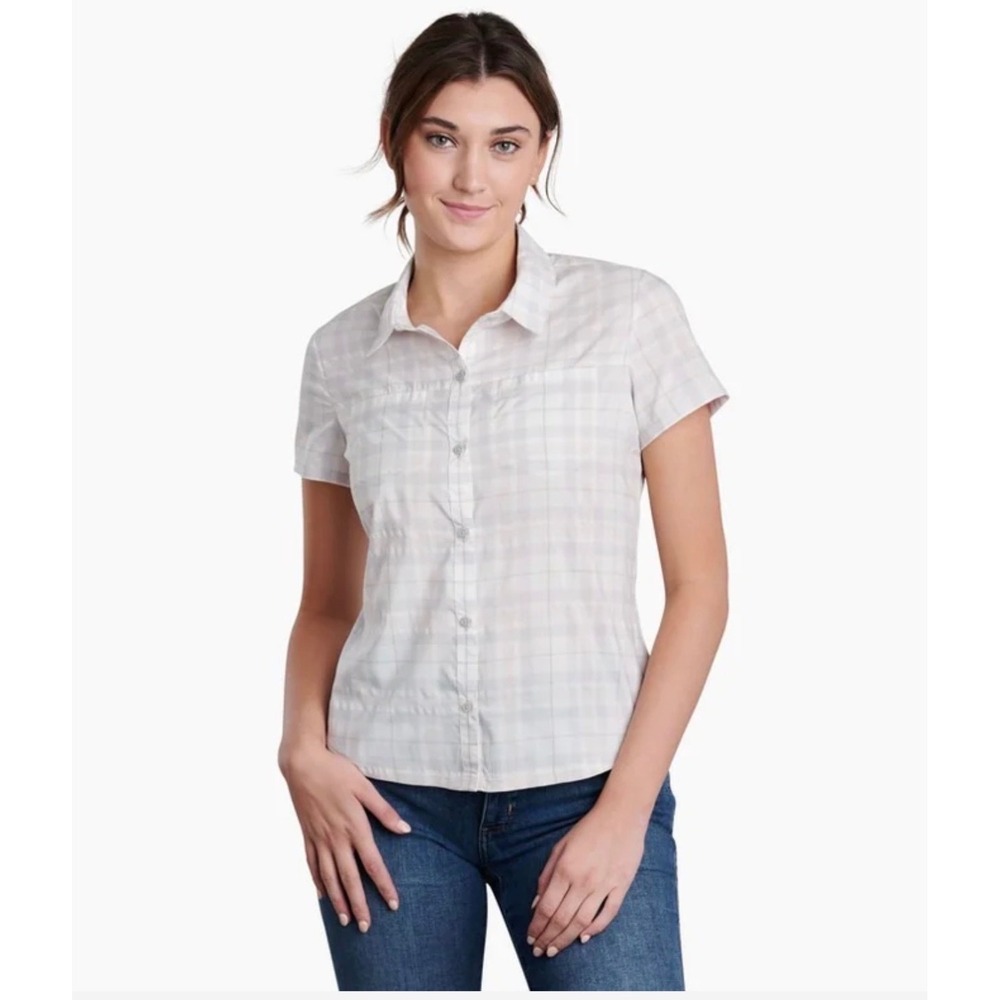 KUHL Kamp Short Sleeve Shirt XS Sea‎ Salt NEW Plaid Outdoors Gorpcore Hiking